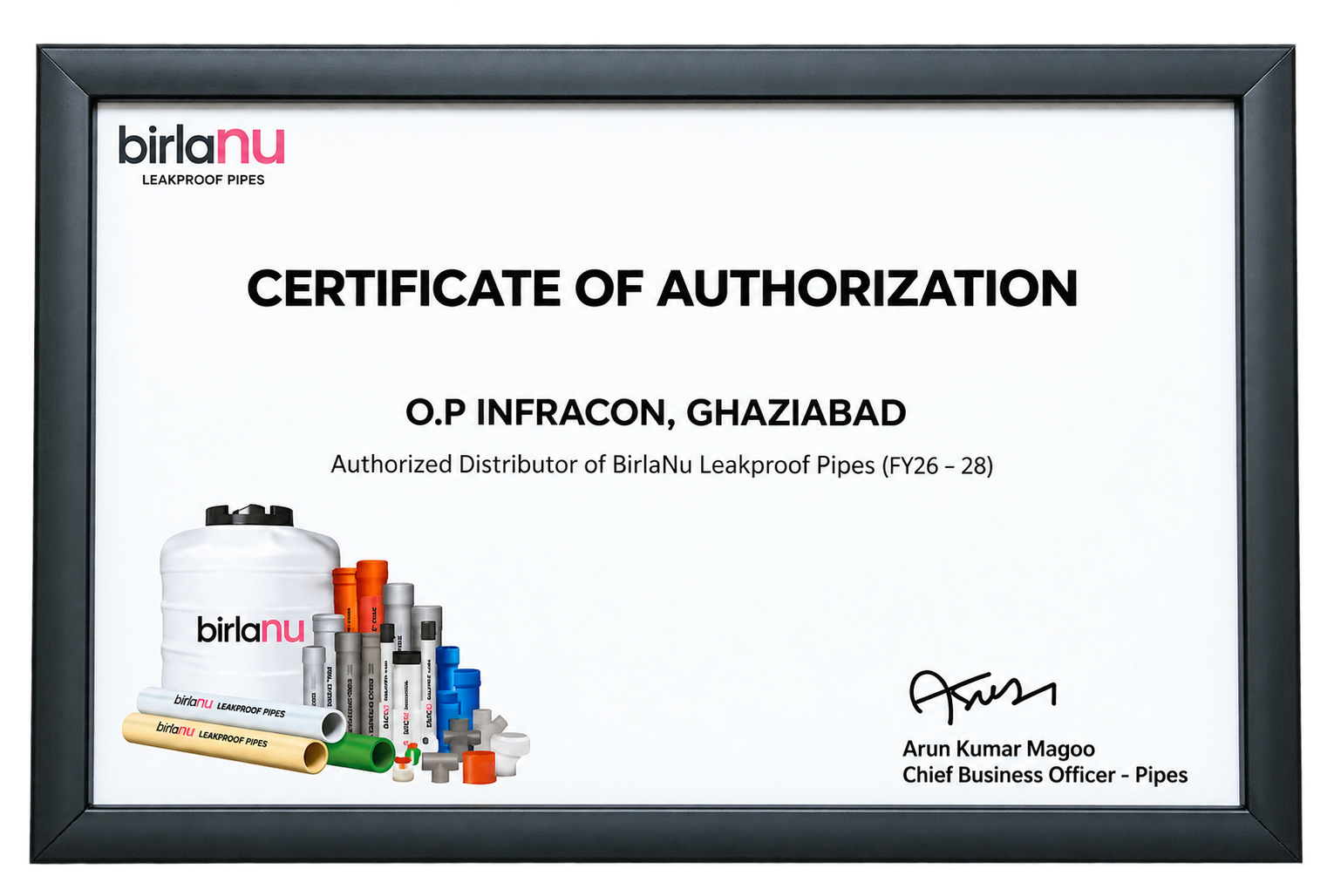 BirlaNu Leakproof Pipes Certificate of Authorization